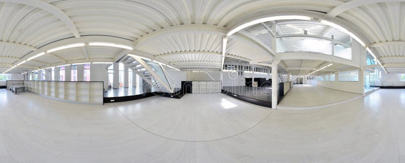 Spherical 360 degrees panorama projection, panorama in interior empty corridor room in light colors with stairs and metal structures with designer windows and lighting. Russia, Moscow, July 03, 2017
