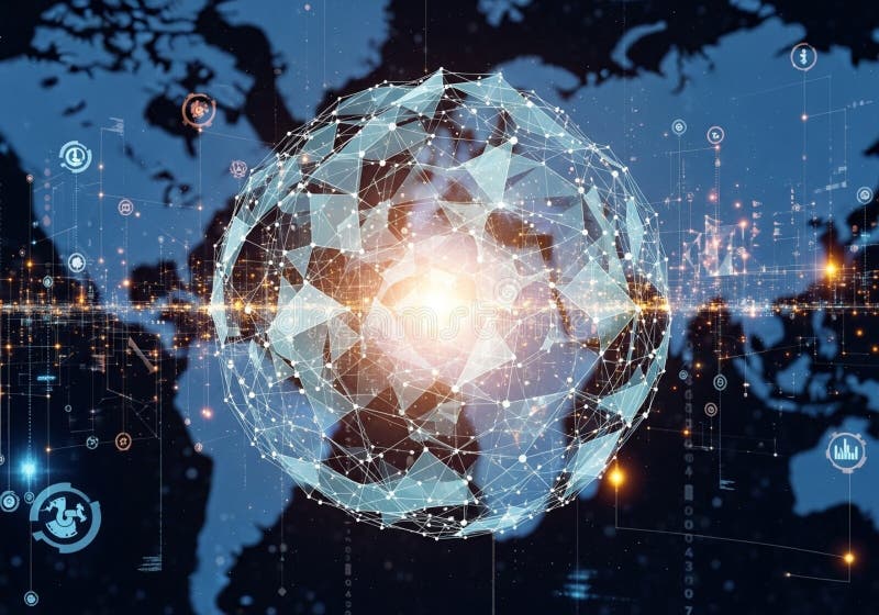 A spherical digital network composed of interconnected triangular stock illustration