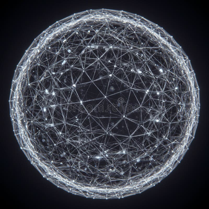 A spherical digital network structure composed of interconnected lines and glowing royalty free illustration