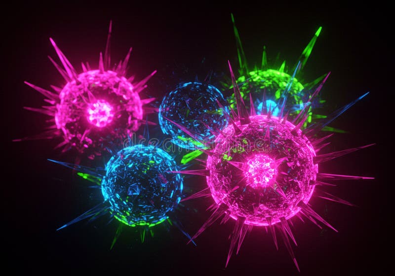 Spherical digital objects with spiky projections, displaying vibrant colors including royalty free illustration