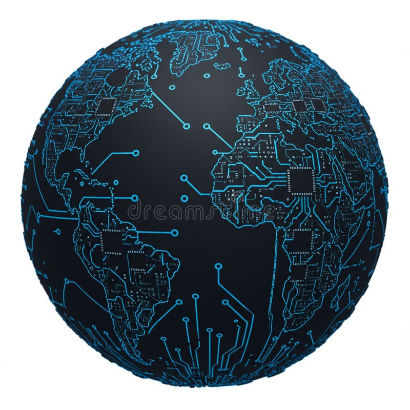 A spherical digital representation of a globe features continents outlined with blue stock illustration