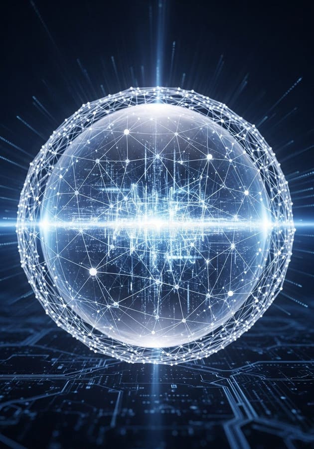 A spherical digital structure showcases an intricate network of royalty free illustration