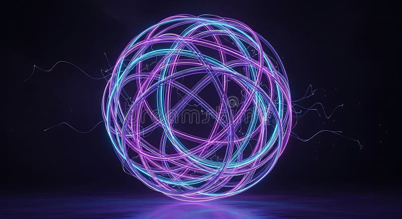 A spherical light structure composed of intertwined neon lines, emitting bright blu vector illustration