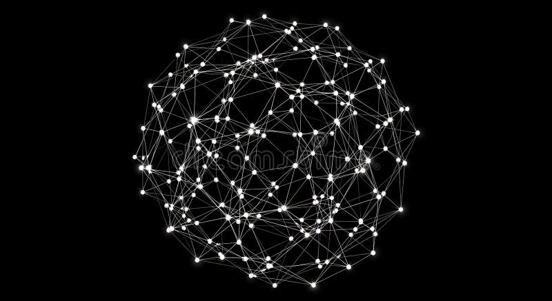 A spherical network of interconnected nodes is shown, with white lines and dots stock illustration