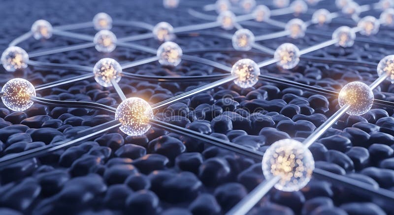 Spherical nodes interconnected by glowing lines form a network over a textured stock illustration