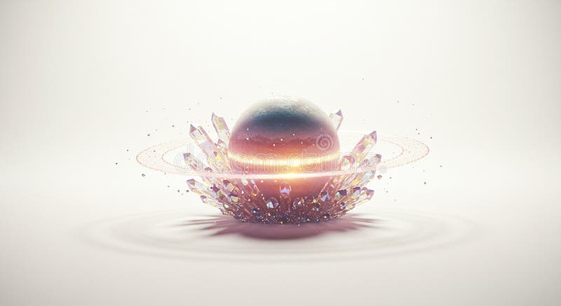 A spherical object sits atop a base of crystalline formations, emitting a soft royalty free illustration