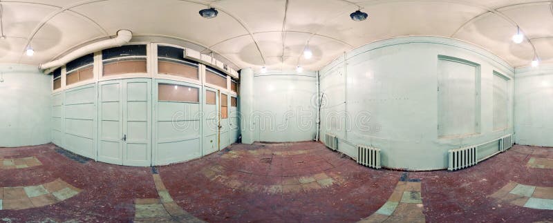 Spherical panorama inside abandoned dirty room in building. Full 360 by 180 degree in equirectangular projection. stock photography