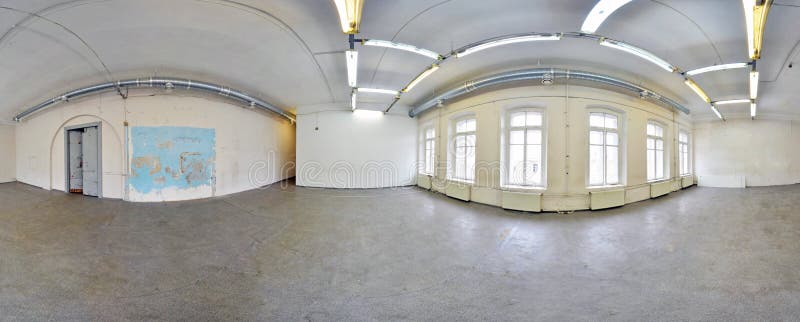 Spherical panorama inside abandoned dirty room in building. Full 360 by 180 degree in equirectangular projection. stock images