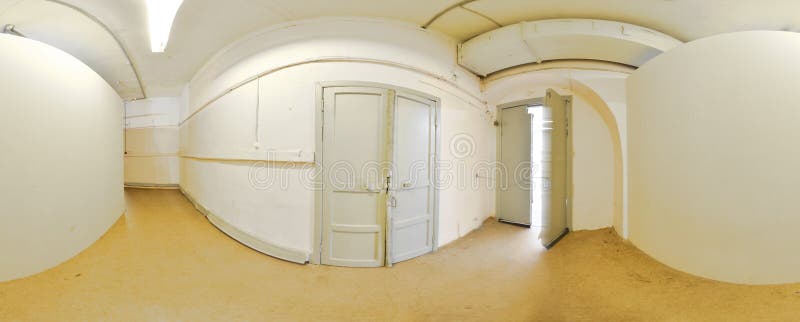 Spherical panorama inside abandoned old dirty corridor room in building. Full 360 by 180 degree in equirectangular projection. royalty free stock photo
