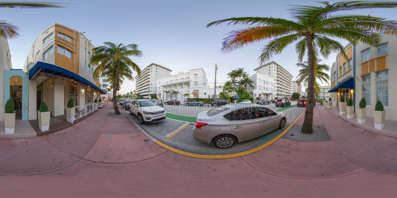 Miami Beach, FL, USA - December 6, 2020: 360 spherical panorama Miami Beach hotels on Ocean Drive view from sidewalk