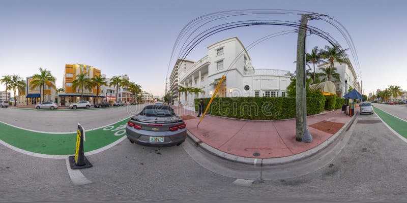 Miami Beach, FL, USA - December 6, 2020: 360 spherical panorama Miami Beach hotels on Ocean Drive view from sidewalk