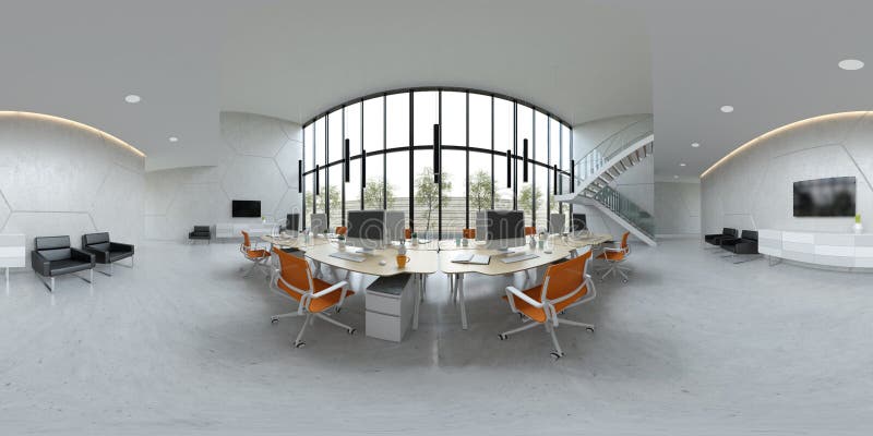 Spherical 360 panorama projection Interior open space office 3D illustration stock illustration