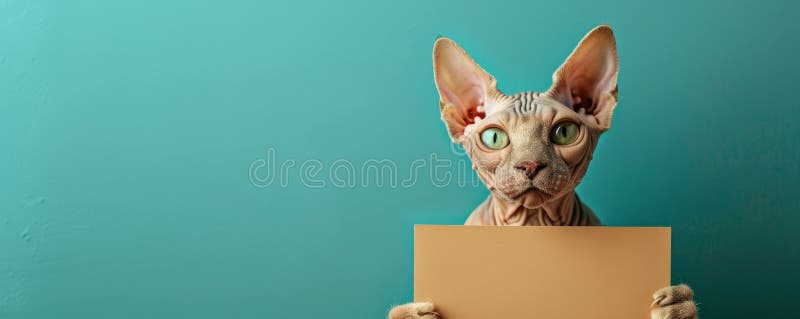 Sphynx Cat Holding a Blank Cardboard Sign on Teal Background Unique Hairless Cat with Green Eyes in a Humorous Pose Perfect for. A Sphynx cat holding a blank sign, perfect for adding your own text or message AI Generative