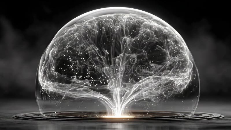 Sphère abstraite formée par des connexions neurales brillantes et des fils numériques fins flottant dans l'espace noir illustration stock