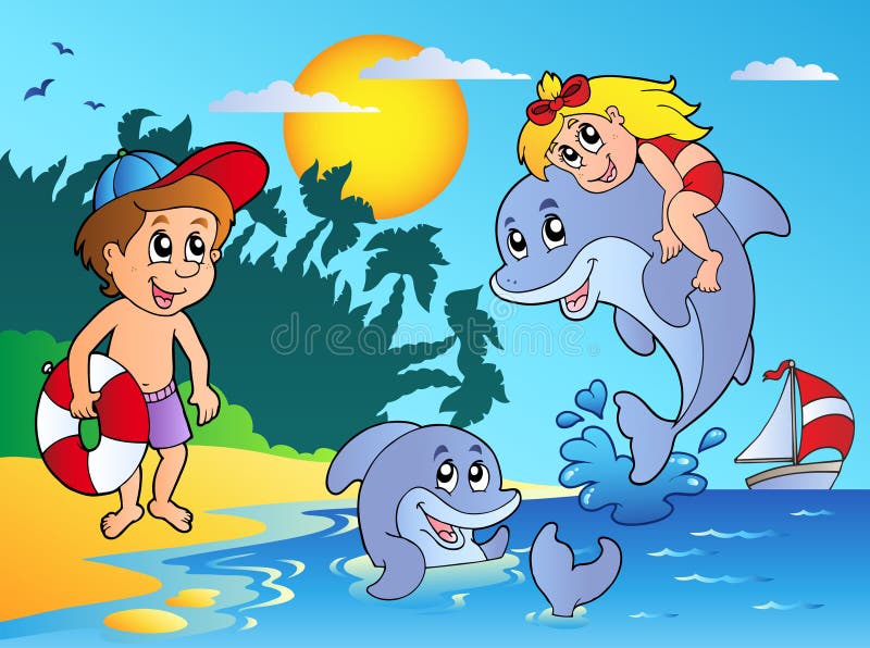 Spiaggia di estate con i bambini ed i delfini illustrazione di stock Spiaggia di estate con i bambini ed i delfini illustrazione di stock