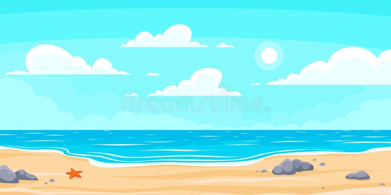 Spiaggia di estate del fumetto Spiaggia di vacanza, dell'oceano o del mare della natura di Paradise Illustrazione del fondo di ve