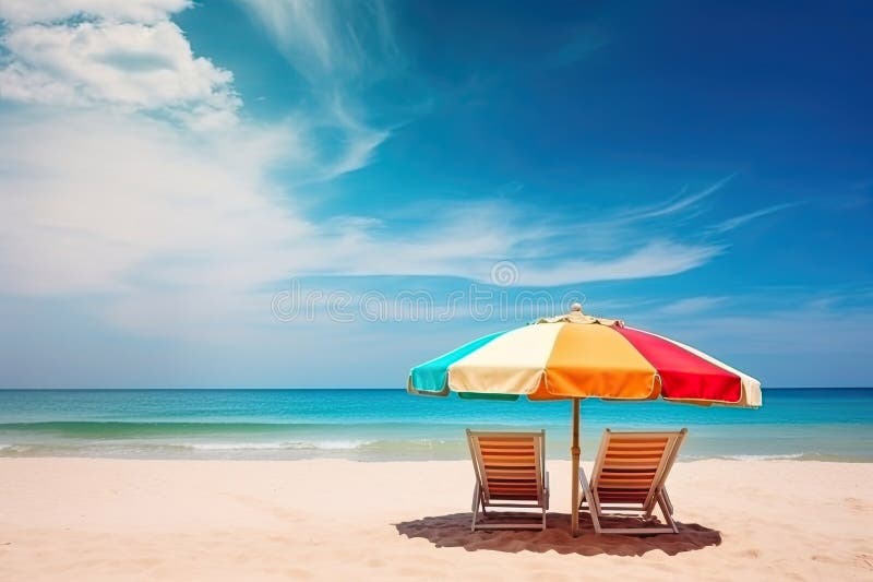Spiaggia di sabbie bianche con sedie da spiaggia e ombrello di colore generativo royalty illustrazione gratis