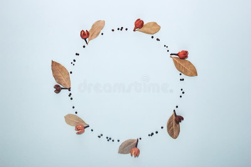 Spice composition. Bay leaf and pepper decorations on blue background. Flat lay, top view, copy space. Circle royalty free stock image Spice composition. Bay leaf and pepper decorations on blue background. Flat lay, top view, copy space. Circle royalty free stock image