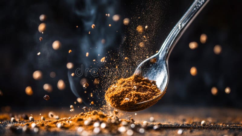 Spice marrone che vola dal cucchiaio metallico in posizione scura royalty illustrazione gratis