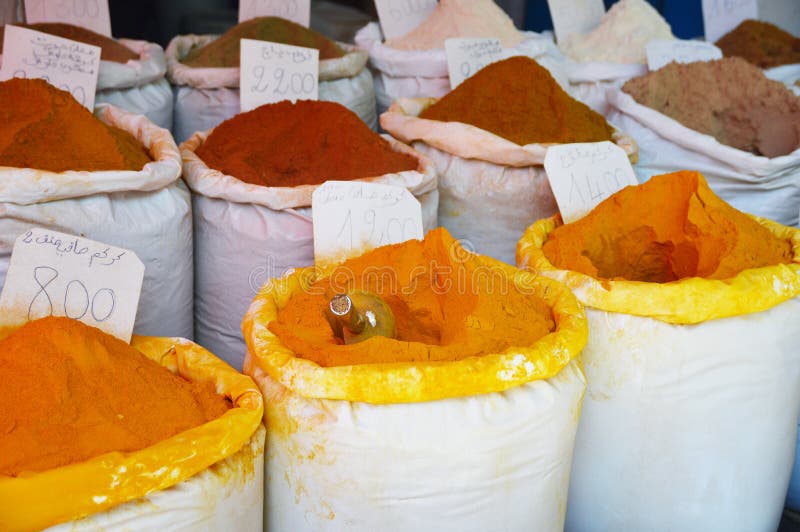 Spices in Arabic Store Including Turmeric and Curry Stock Photo Image