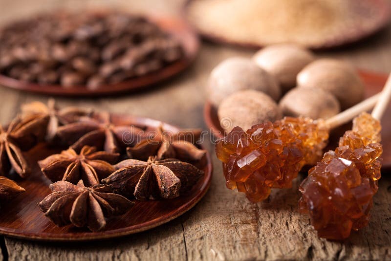 Spices Cinnamon Anise Nutmeg Rock Sugar Coffee Stock Photo Image of