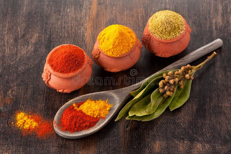 Spices Curry, Paprika, Bay Leaves and Coriander. Stock Image Image of