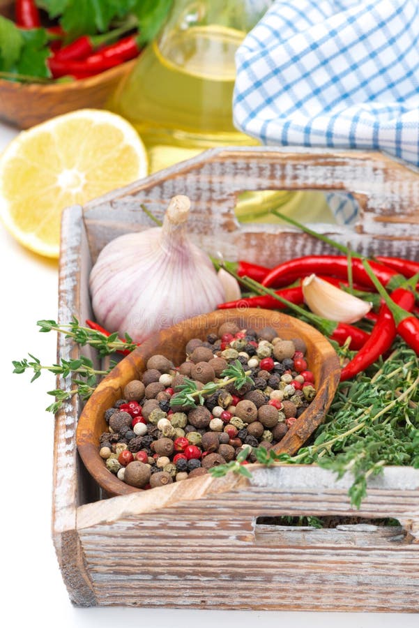 Spices and Fresh Herbs on a Wooden Tray Stock Photo Image of fresh