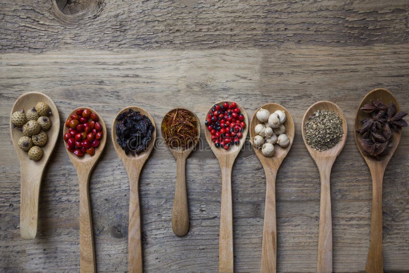 Spices and Herb Set on Wood Spoons Stock Image Image of ingredient, chili 58785245