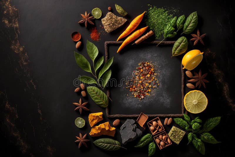 Spices and herbs on a background of black stone. with copy space, the top view vector illustration