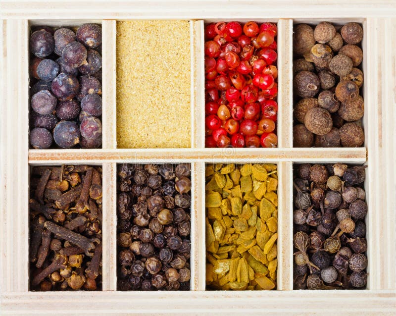 Spices mixture in wooden crate