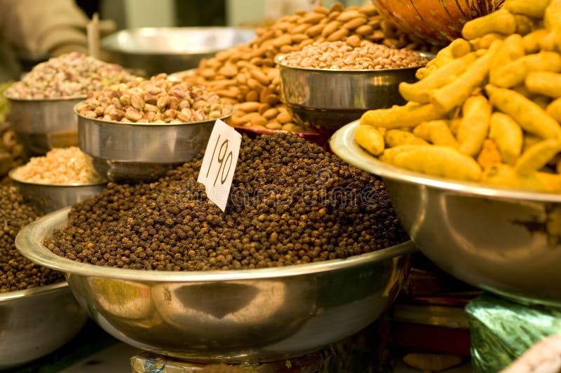 Spices and nuts at a wholesale market