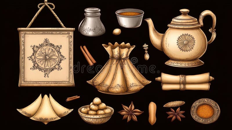 Spices te&ucie Scrolls stock illustrationer