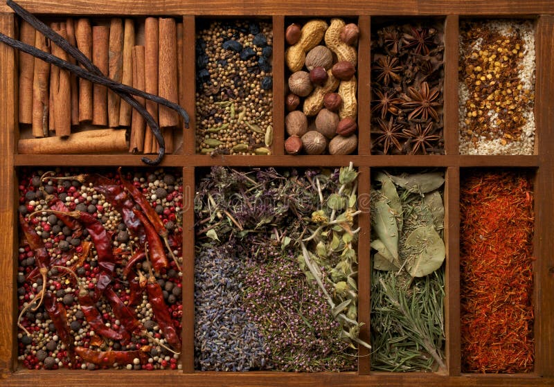 Spices in Wooden Box