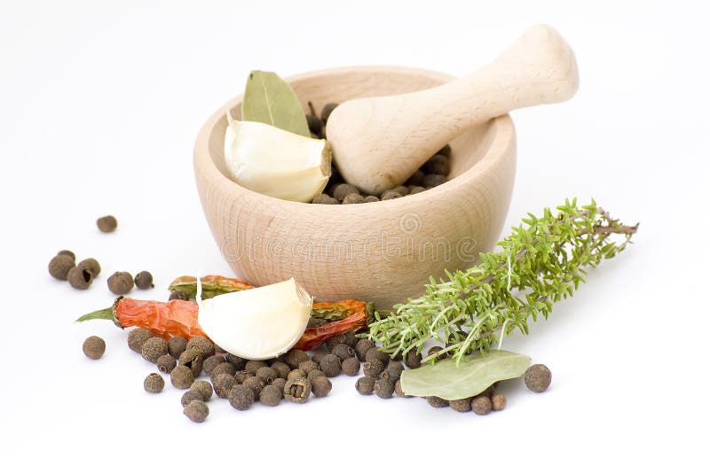 Spices and wooden mortar