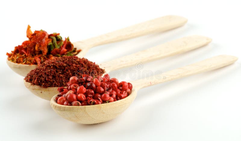 Spices in wooden spoons