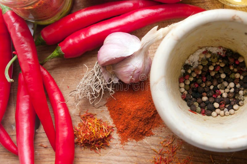 Spices on a wooden table