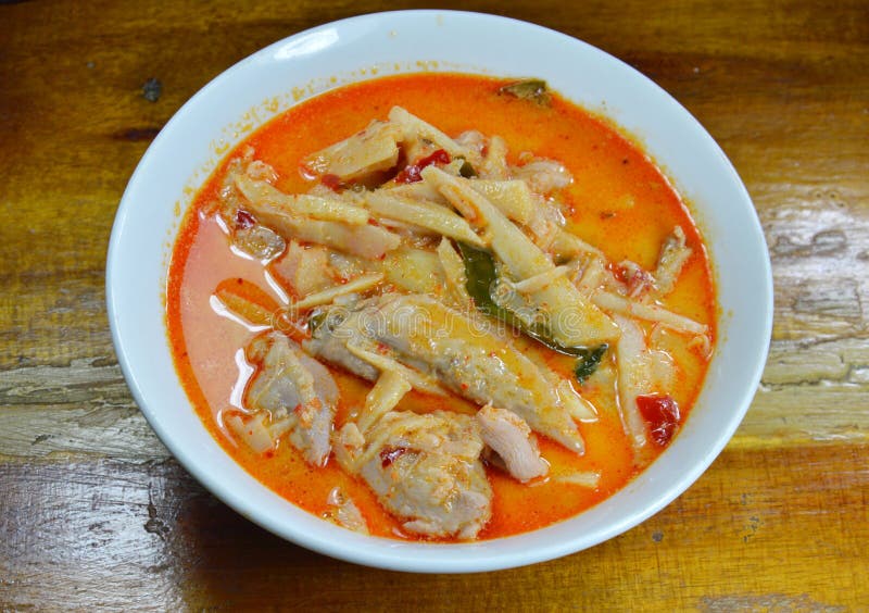 Spicy Bamboo Shoot with Chicken in Coconut Cream and Red Curry on Bowl