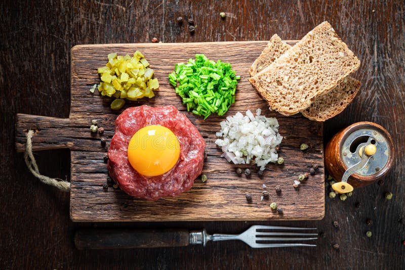 Spicy Beef Tartare with Gherkin and Chives. Tatars Traditional Dish ...