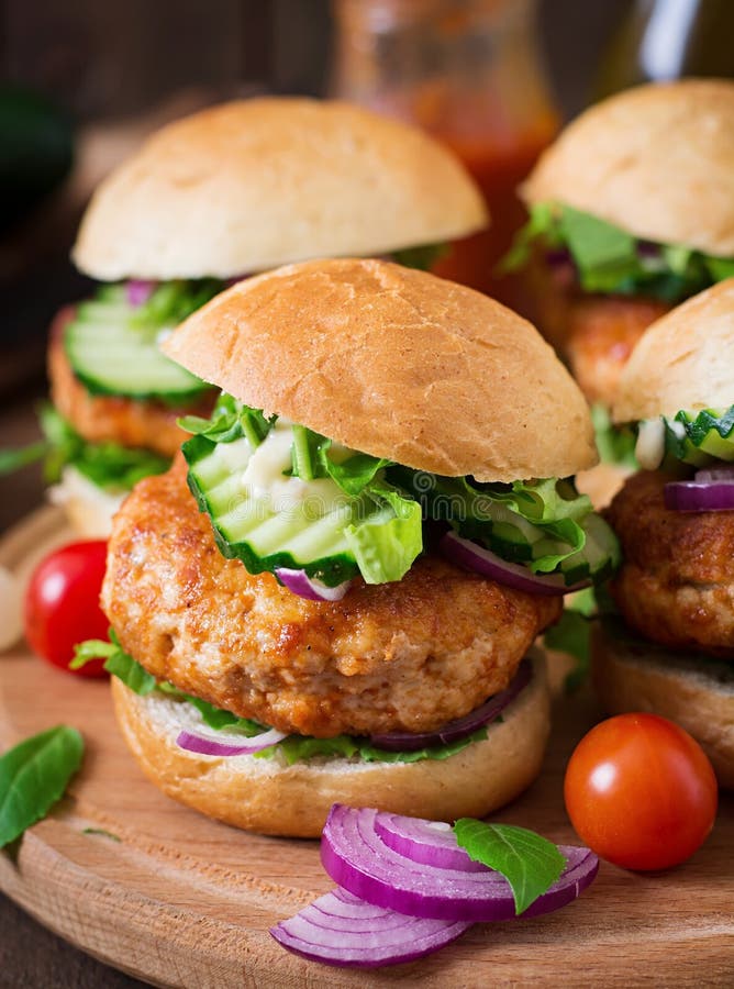 Spicy Chicken Burgers with Tomato and Eggplant - Sandwich. Stock Photo ...