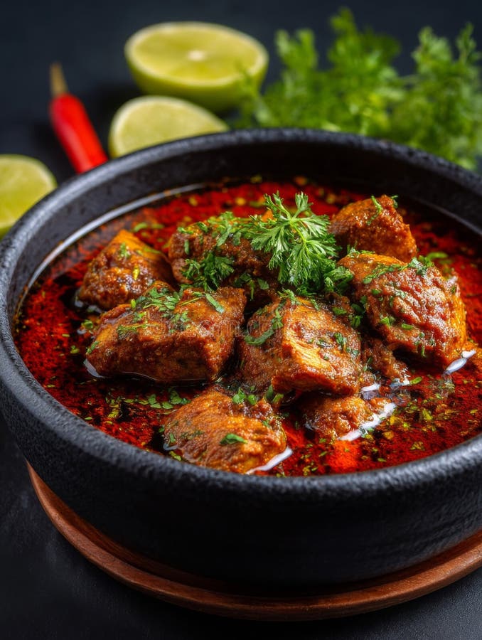 Spicy Chicken Curry in Dark Bowl mit Lime and Chili lizenzfreie abbildung