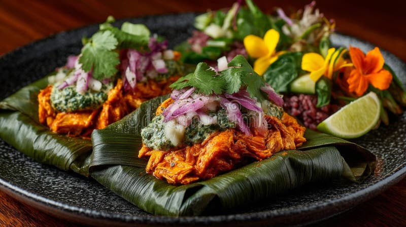 Spicy Chicken Dish with Cilantro and Red Onion on Plantain Leaf vector illustration