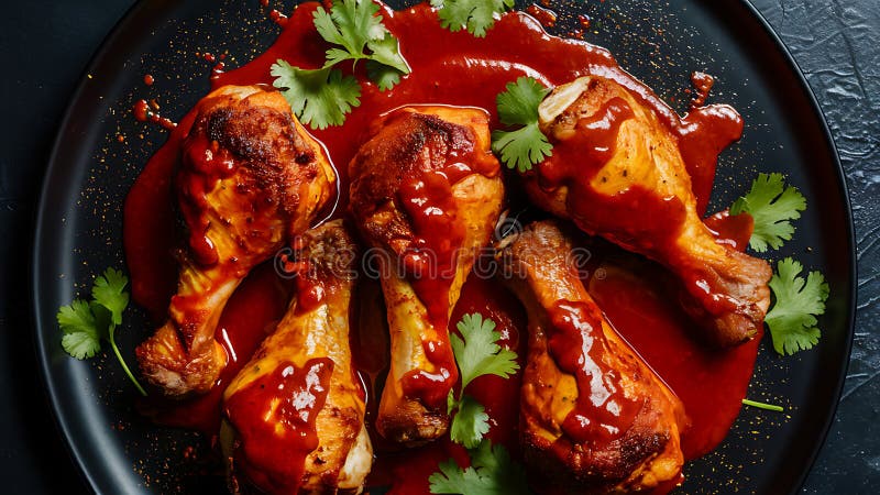 Spicy Chicken Drumsticks mit lebendiger Red Sauce und Cilantro vektor abbildung