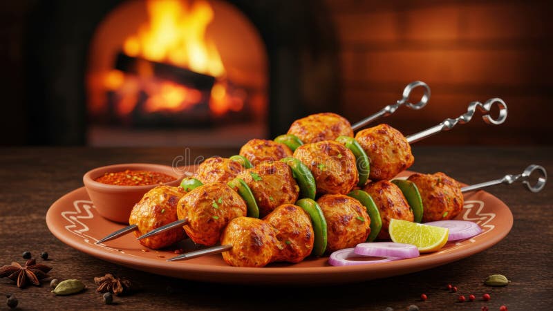 Spicy Chicken Tikka Skewers royaltyfri illustrationer