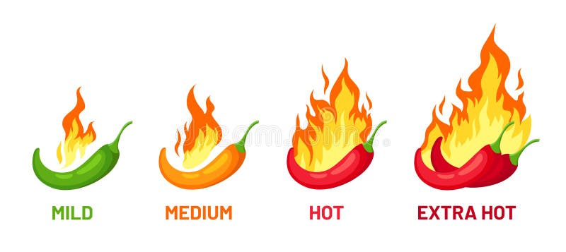 Spicy chili scale. Pepper with fire for spice strength levels mild, medium and extra hot for sauce or food labels, logo