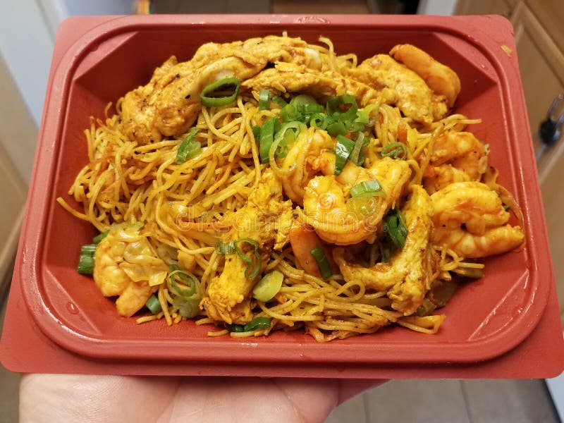 Spicy Chinese Noodles with Chicken and Shrimp Stock Image Image of