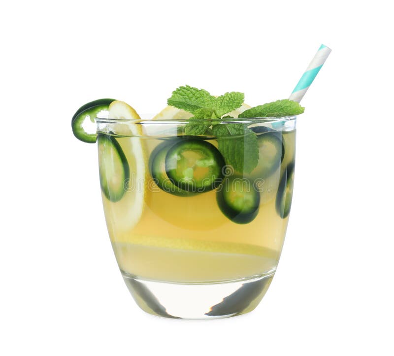 Spicy Cocktail with Jalapeno, Lemon and Mint Isolated on White Stock