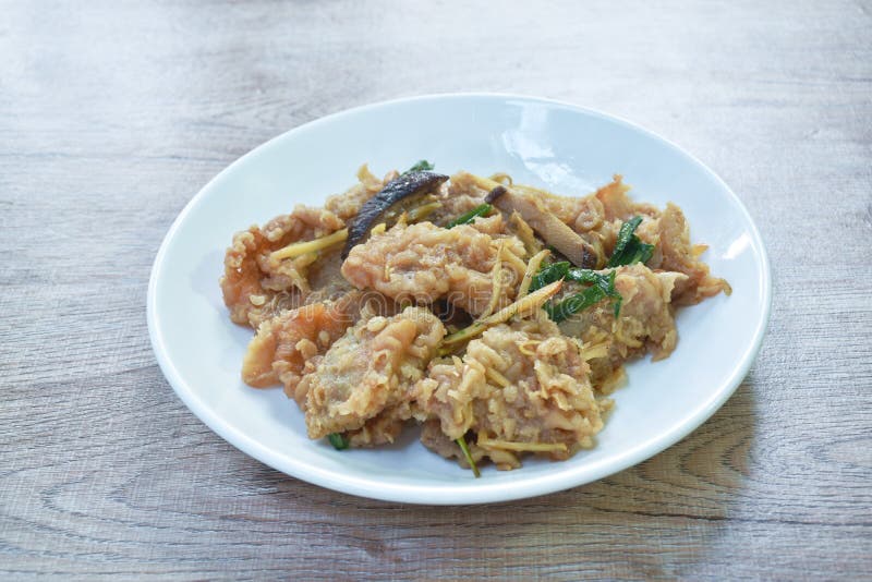 Spicy Deep Fried Slice Bass Fish with Ginger and Chili on Plate Stock Photo Image of eating