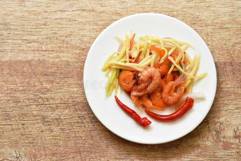 Spicy Dried Shrimp with Slice Mango Fruit Salad on Plate Stock Image Image of celery
