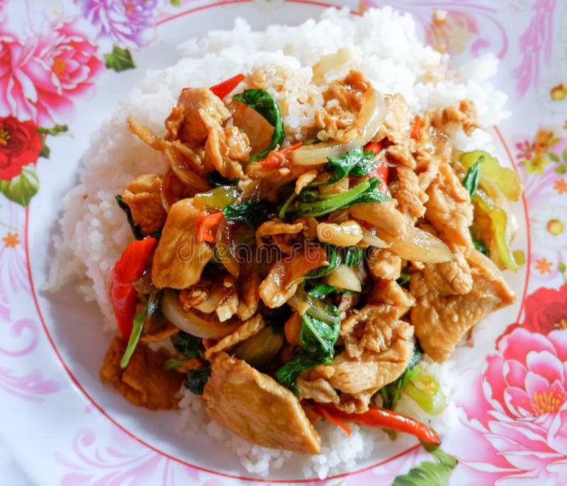 Spicy Fried Chicken with Basil Leaves Stock Image Image of herb