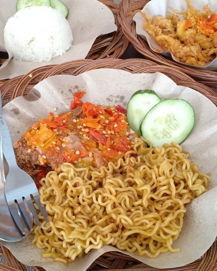 Spicy Fried Chicken Serve with Rice and Noodles Stock Image - Image of